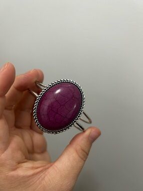 Purple Oval Stone Silver-Tone Cuff Bracelet